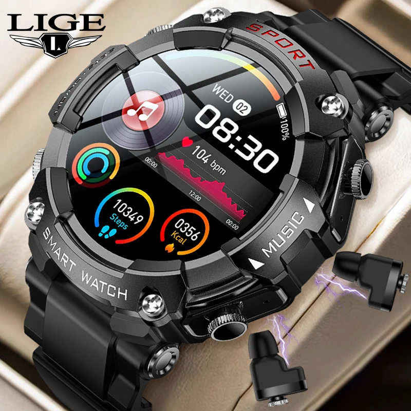 

LIGE T96 Local Music Play Wireless Earbud Smart Watch Support Siri Recording Smartwatches Waterproof Sports Fitness Bracelet+Box