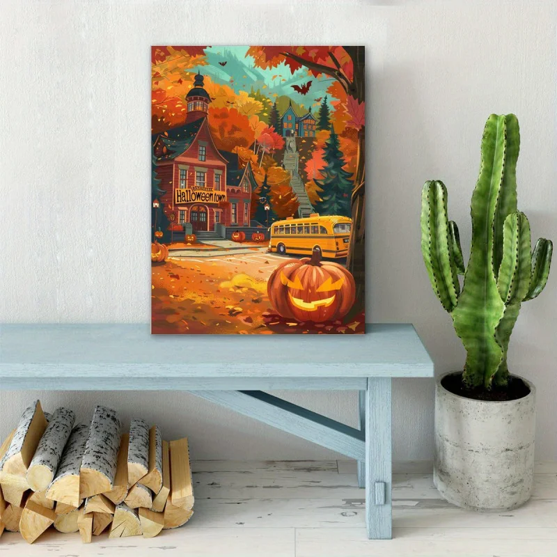 Halloween Town Canvas Wall Art | 1pc Wooden Framed | Autumn Pumpkin Theme Print | Cartoon Style Decoration | Waterproof