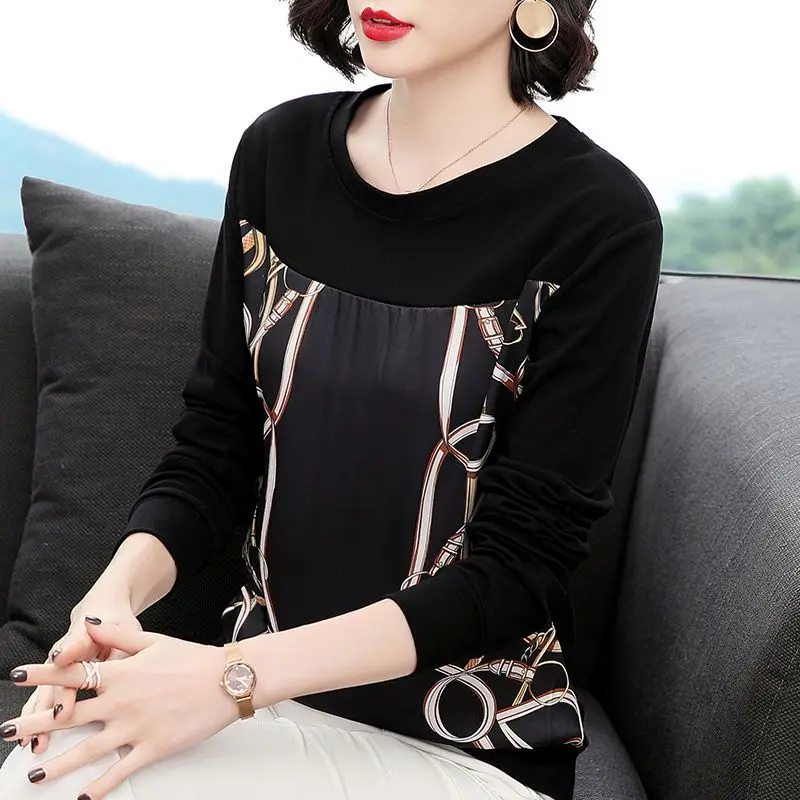 

Long Sleeved T-shirt for Middle-aged Female Mother Spliced to Cover Her Belly Western-style Base Shirt Oversized Loose Top