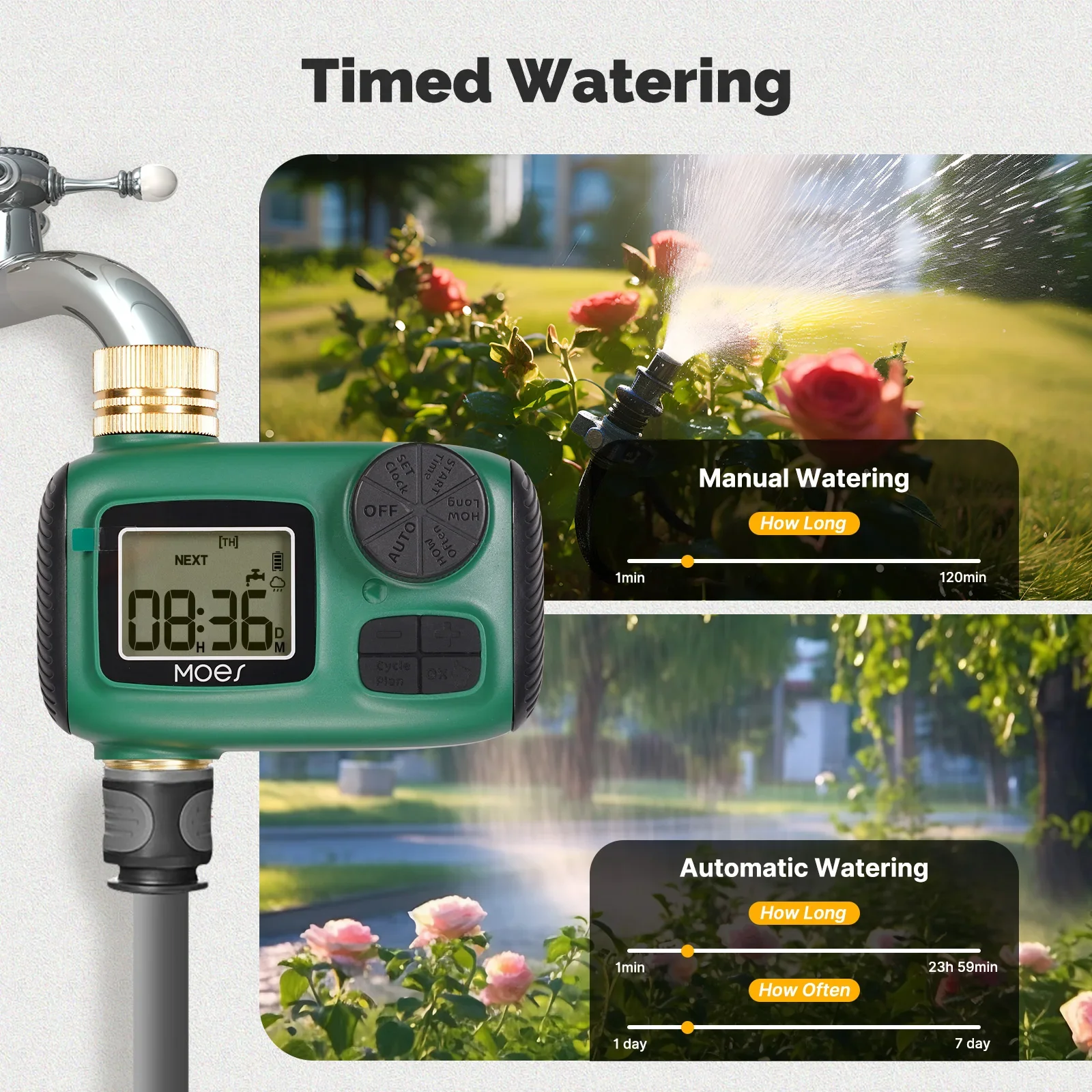 MOES Water Timer 1-Outlet Brass Inlet Rotary Knob Button Control With LCD Display Screen IP55 Waterproof Rain Delay Child Lock