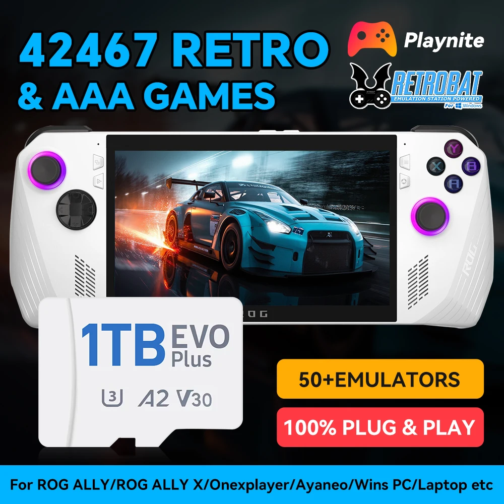 بطاقة TF للعبة Retrobat & Playnite سعة 1 تيرابايت مع 42467 ألعاب Retro & AAA لـ ROG ALLY/Onexplayer/Wins المحمولة/الكمبيوتر الشخصي لـ PS3/PS2/Switch/WiiU