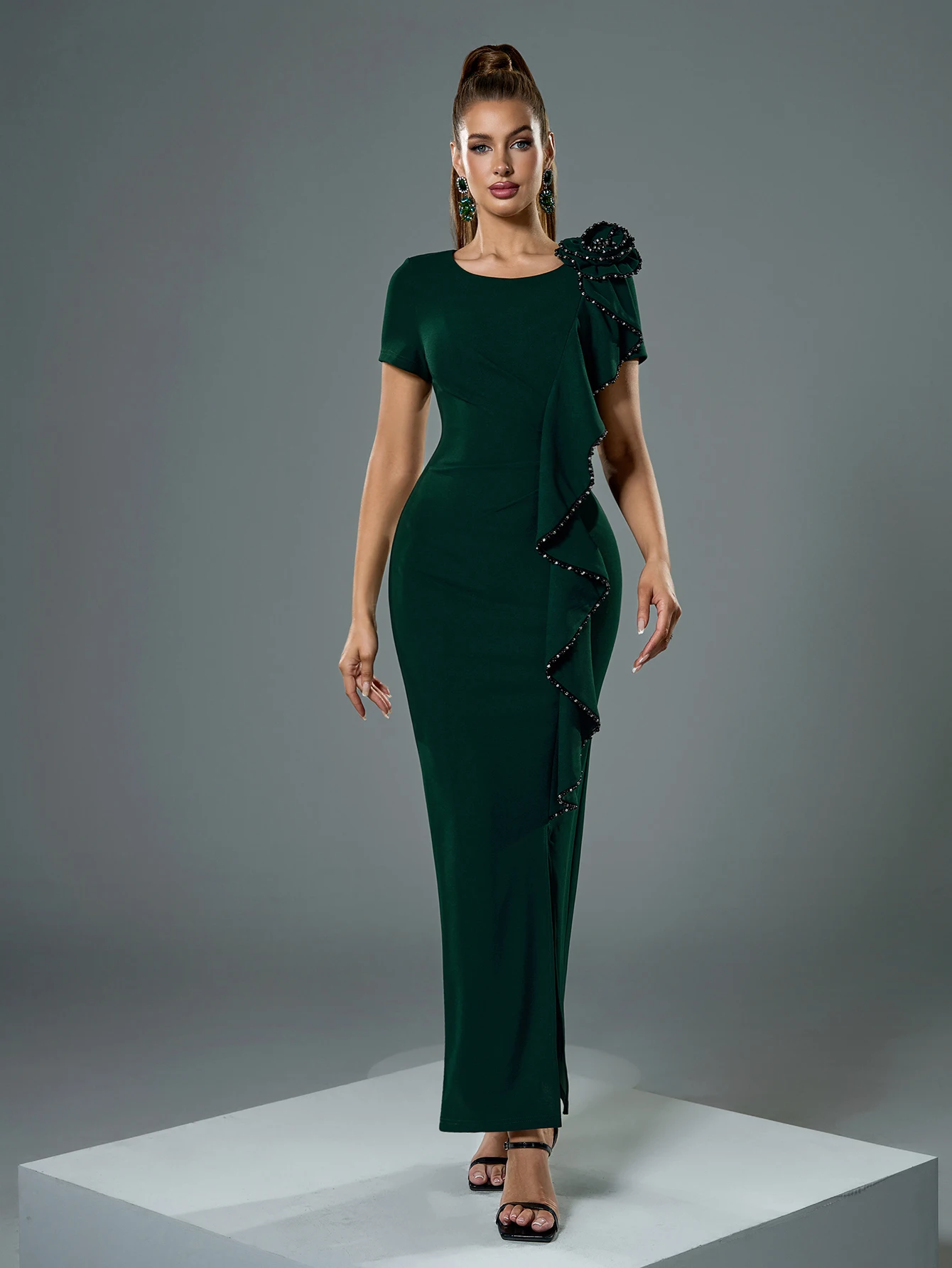 UNITHORSE جولة الرقبة قصيرة الأكمام مزين الأزهار 3D الدانتيل هملين سليم صالح ثوب أنيق مفتوح سبليت مساء اللباس #2