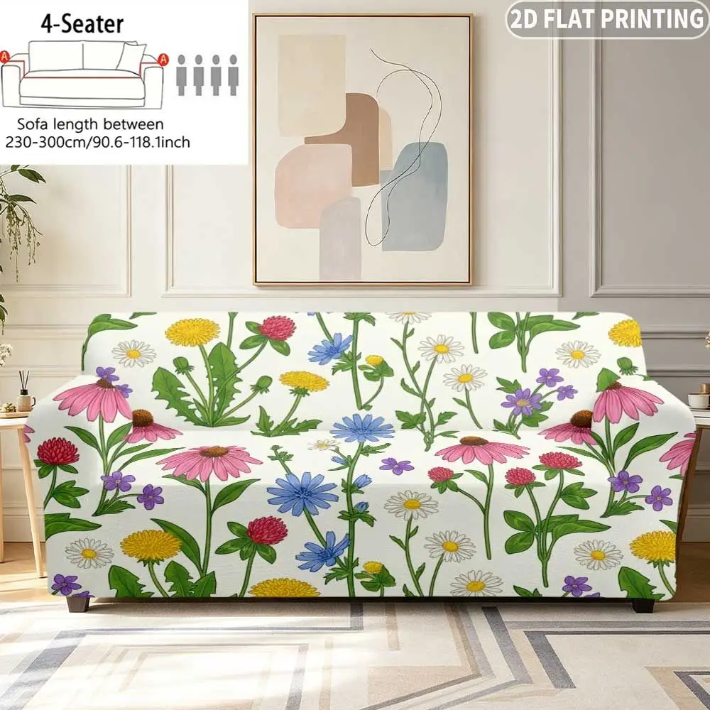 1pc Elastic Sofa Cover Colorful Wildflowers And Green Leaves On White Background,  Single/Double/Three/Four-Person/Sleeper Sofa