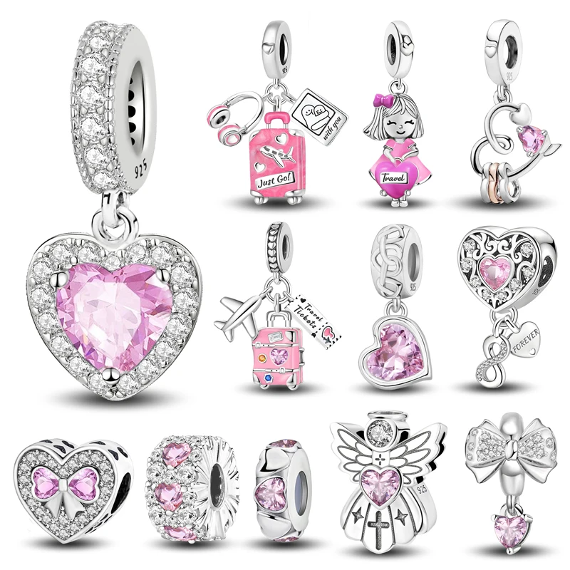 Colgantes de plata de ley 925 con circonita rosa, abalorios de corazón de amor, aptos para pulsera Original Pan, brazaletes, joyería DIY para mujer