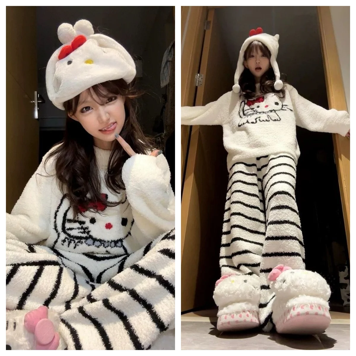 

Зимний комплект женской пижамы: утепленный флис, коралловый флис, для студентов, домашняя одежда, для улицы, очень милый, теплый, с флисовой подкладкой по бокам, комплект для сна