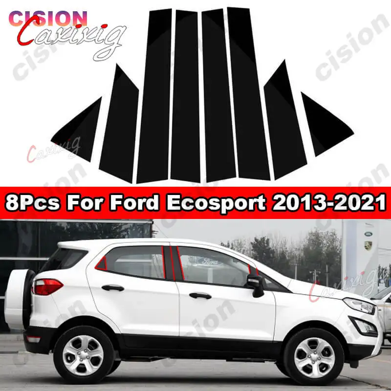 For Ford Ecosport 2013-2021 Mirror Effect Door Window Column B C Pillars Post Cover Trim Black Carbon Fiber PC Material Sticker