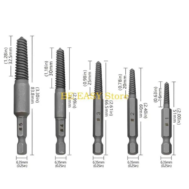 

E28F 5pcs Увлажняемые поврежденные винтовые экстракторы для удаления болта.