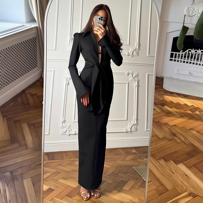 

Black White Women Prom Dress Belted Sexy V Neck Full Sleeves Autumn Long Party Gown Formal Office Lady Evening Birthday Robe
