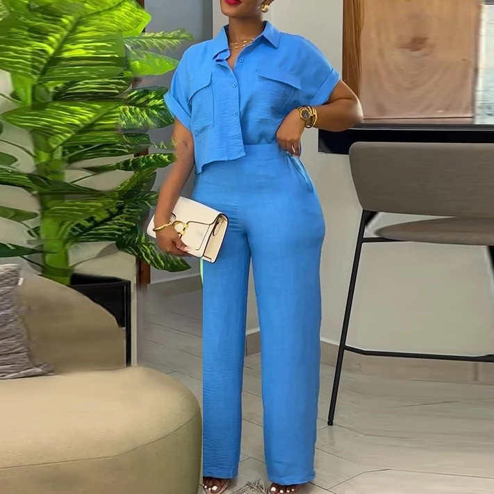 

Summer Women Matching Sets Ol Work Outfits Causal Short Sleeve Button Shirt Loose Wide Leg Pants Suit Office Tracksuits