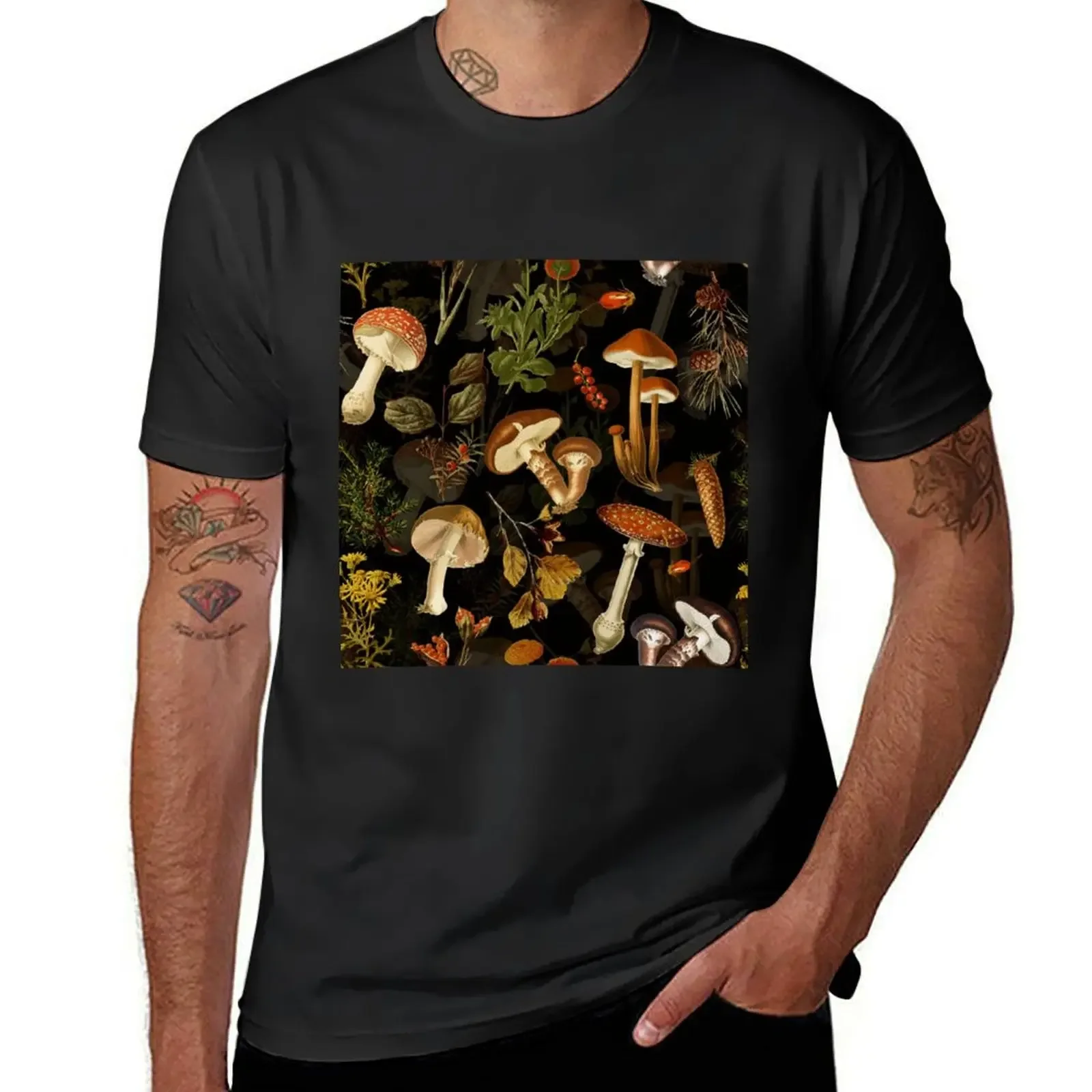 

Vintage Mushrooms Forest Autumnal Botanical Pattern - Black T-Shirt sweat sublime graphic t shirts anime clothes T-shirt men