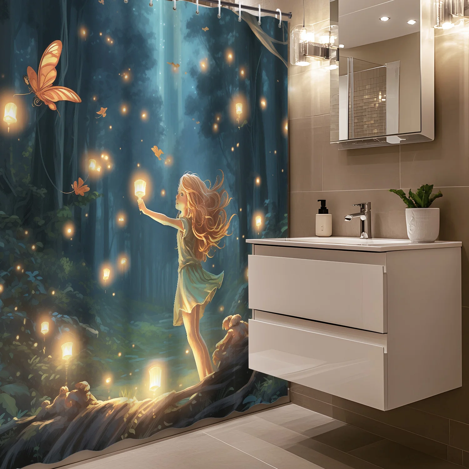 

Зачарованная лесная девушка с фонарем, водонепроницаемая занавеска для душа для современного декора ванной комнаты, стильный и прочный, уникальный дизайн