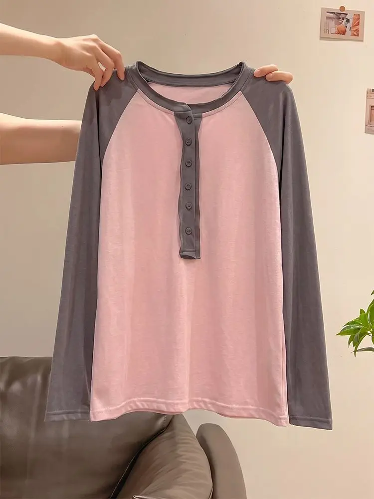 Kimutomo 2026 Autumn New Korean Minimalist Relaxed Lazy Contrast Raglan Henley Long Sleeve T-Shirt Women Loose Casual Top