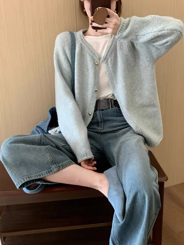 كارديجان نسائي محبوك بسيط بألوان نقية على الطراز الكوري، سترة ناعمة للخريف والشتاء، مقاس صغير بأسلوب كسول وحلو وفضفاض #4