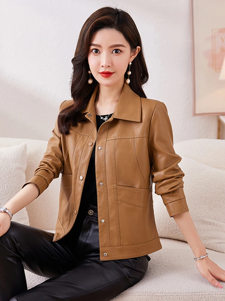   Ning 本革ジャケット レディース ショートスリーブ 2025 春秋新作 大きいサイズ シープスキン バイクジャケット ブラック スマート...