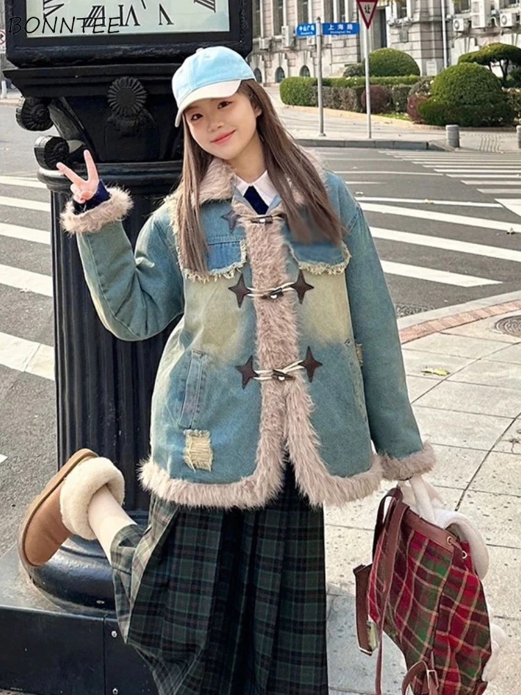 

Куртки с отложным воротником, женские теплые утолщенные пушистые куртки, ветрозащитные корейские модные зимние повседневные джинсовые верхняя одежда, универсальная шикарная одежда