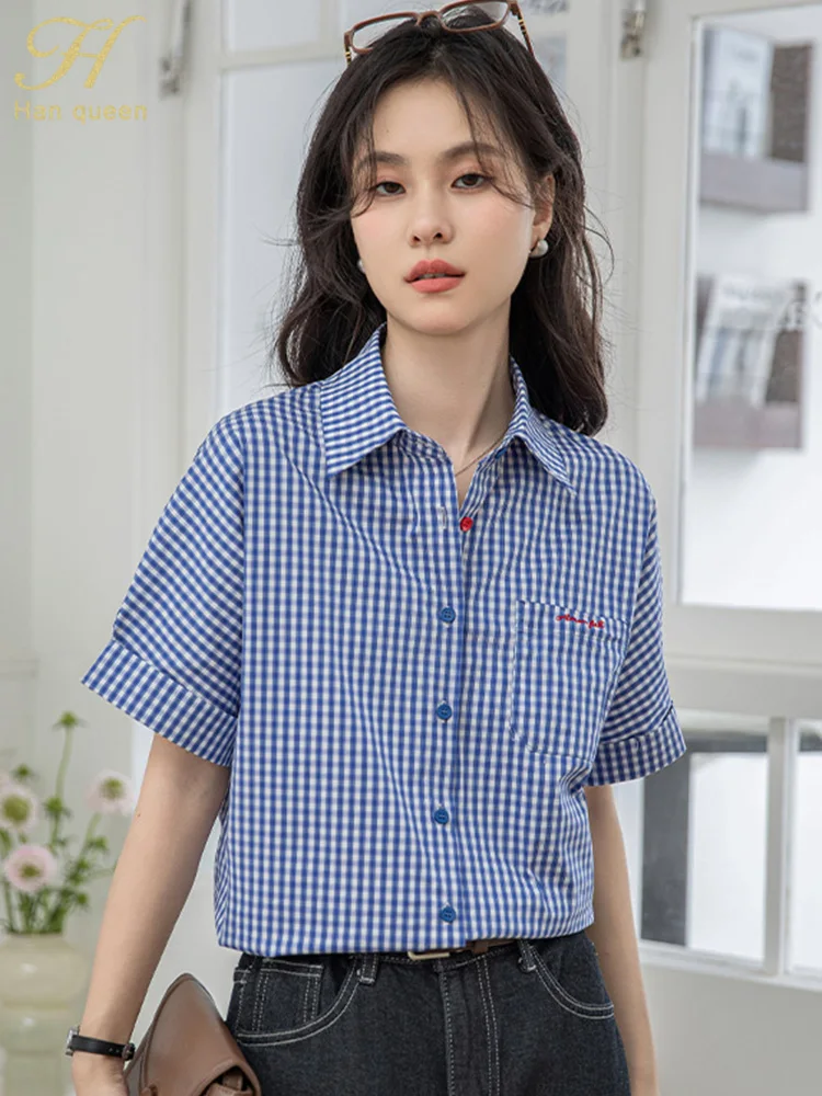 

H Han Queen Summer Elegant Simple Single-Breasted Chiffon Women's Blouse Korean Loose Casual Vintage Plaid Shirts Office Tops