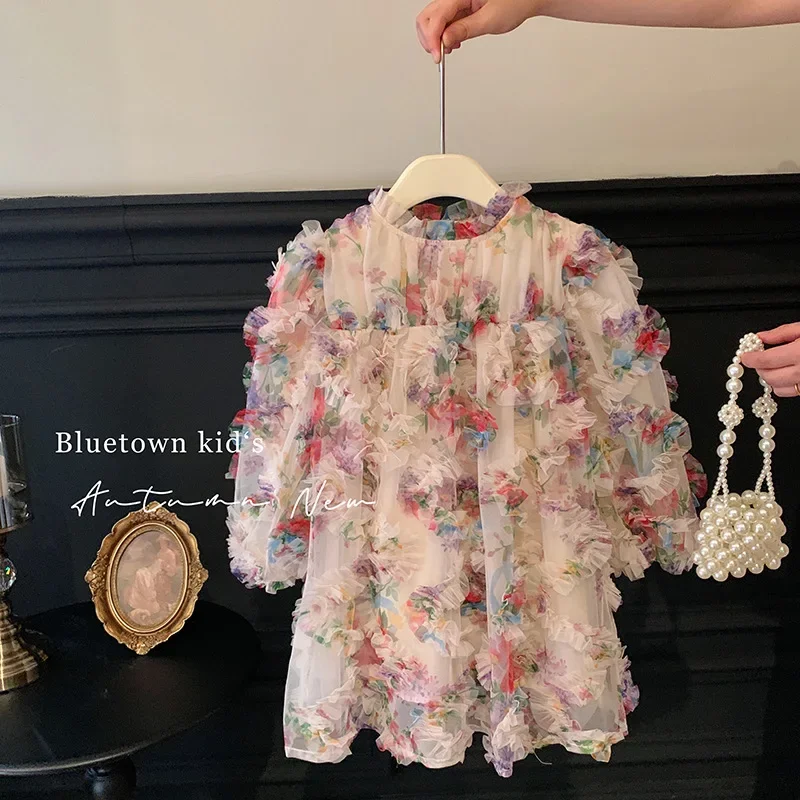 Girls Dress Autumn New 2023 Korean Girl Baby Bubble Sleeve  Flower Girl Princess Dress  girl clothes