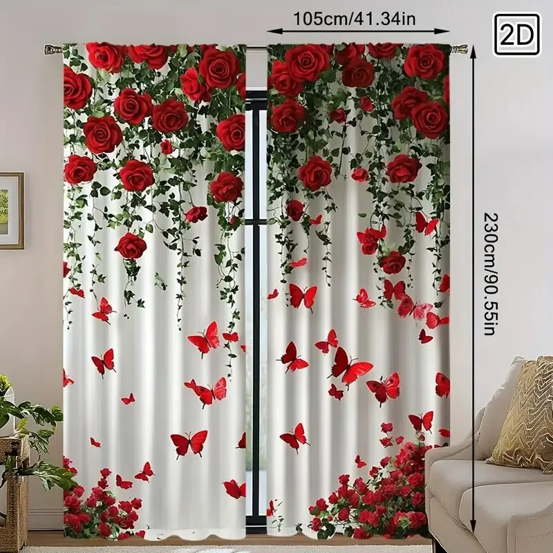 Red rose and Butterfly Art - Pole bag curtains, bedroom and kitchen decoration, home decoration, living room decoration