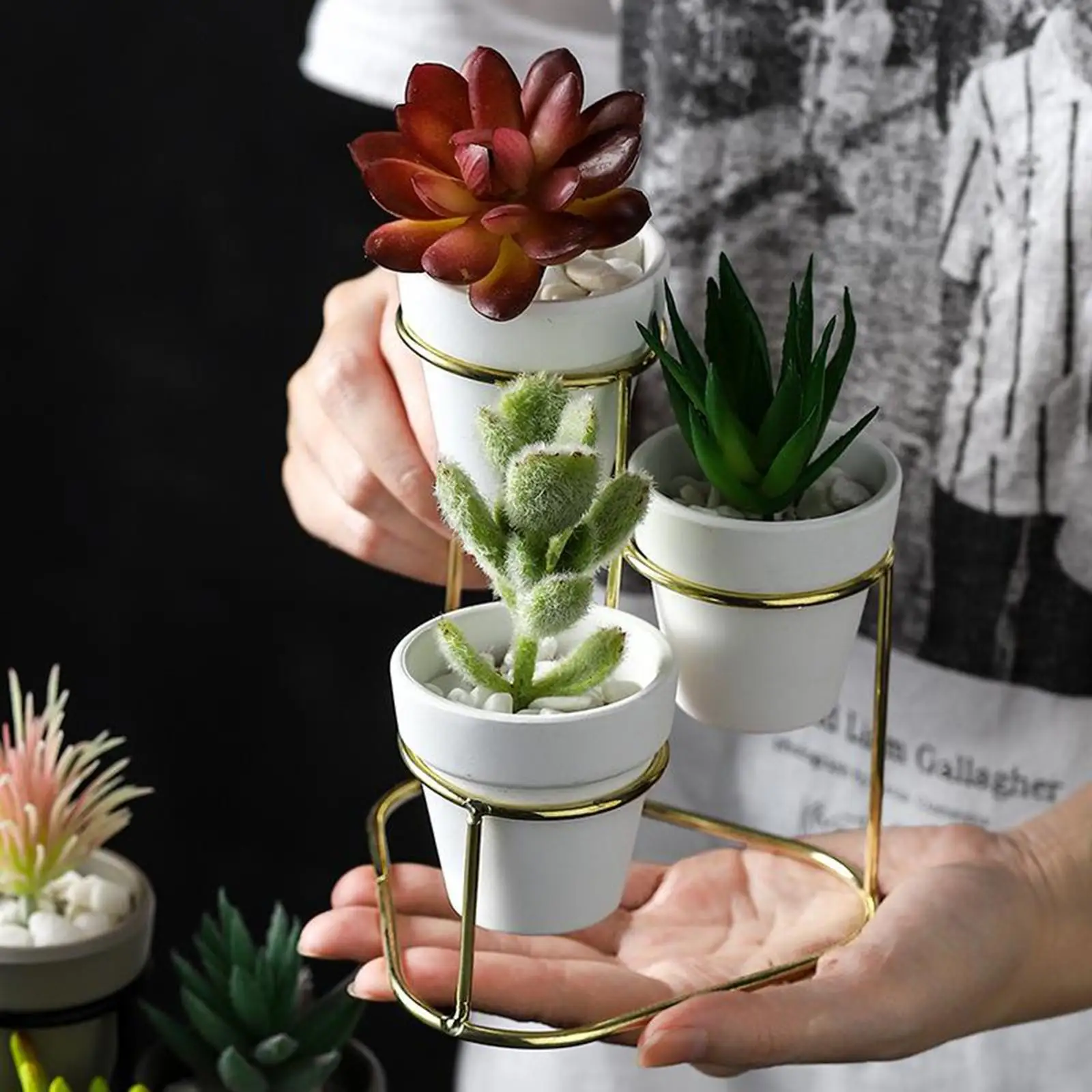 Modern Mini Terracotta Planter Pot with Black Stand for Small Indoor Plants Cute Ceramic Garden Flower Vase