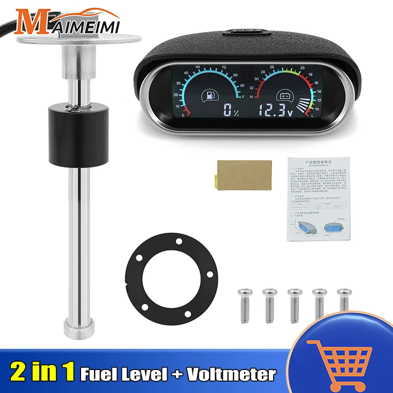 2 in 1 Fuel Level Gauge + Voltmeter 0-190 Ohm Fuel Level Float Sensor DC 9-32V LCD Meter With Alarm LCD Meter For Car Truck