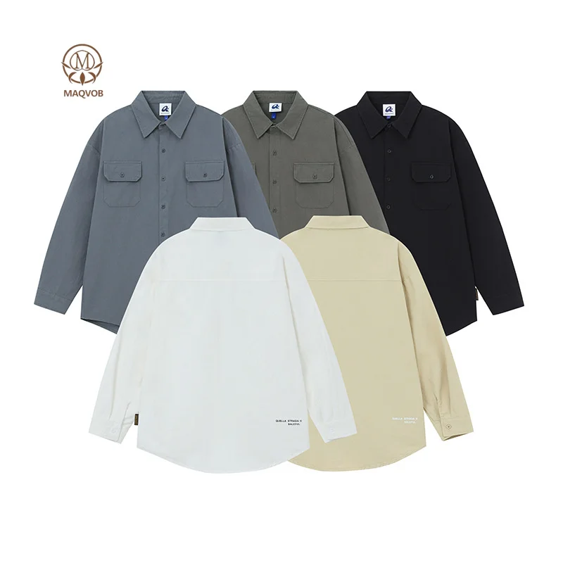 

MAQVOB EU US Size High Quality Spring Retro Simple Solid Color Long Sleeve Shirt Unisex Street Loose Versatile Casual Shirt