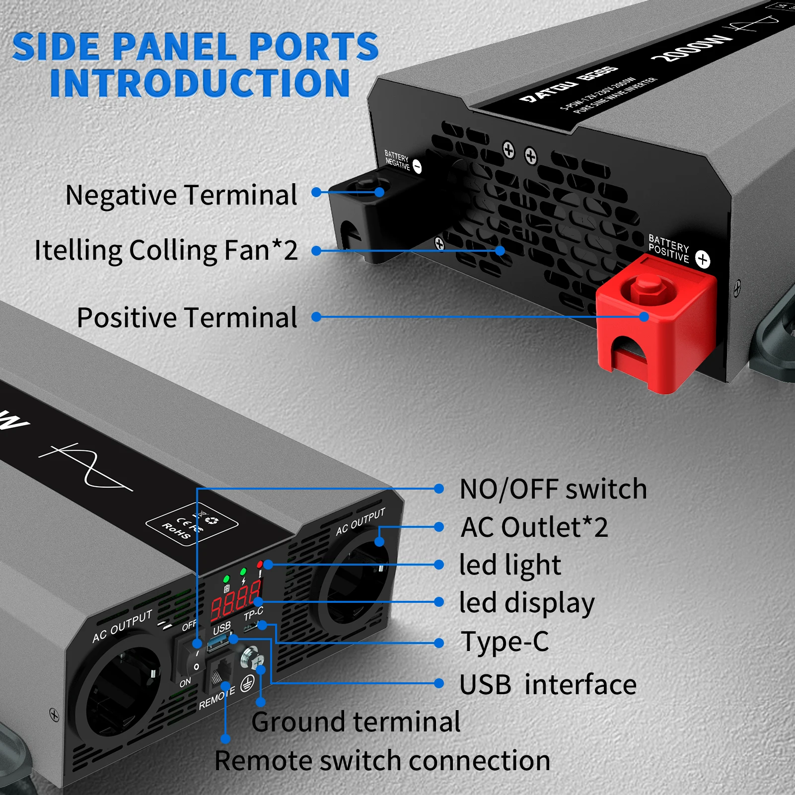 DATOUBOSS SAK Pure Sine Wave Inverter DC12V-24V to AC220V Portable Car Inverter Peak Power 4000W Continuous Power 2000W
