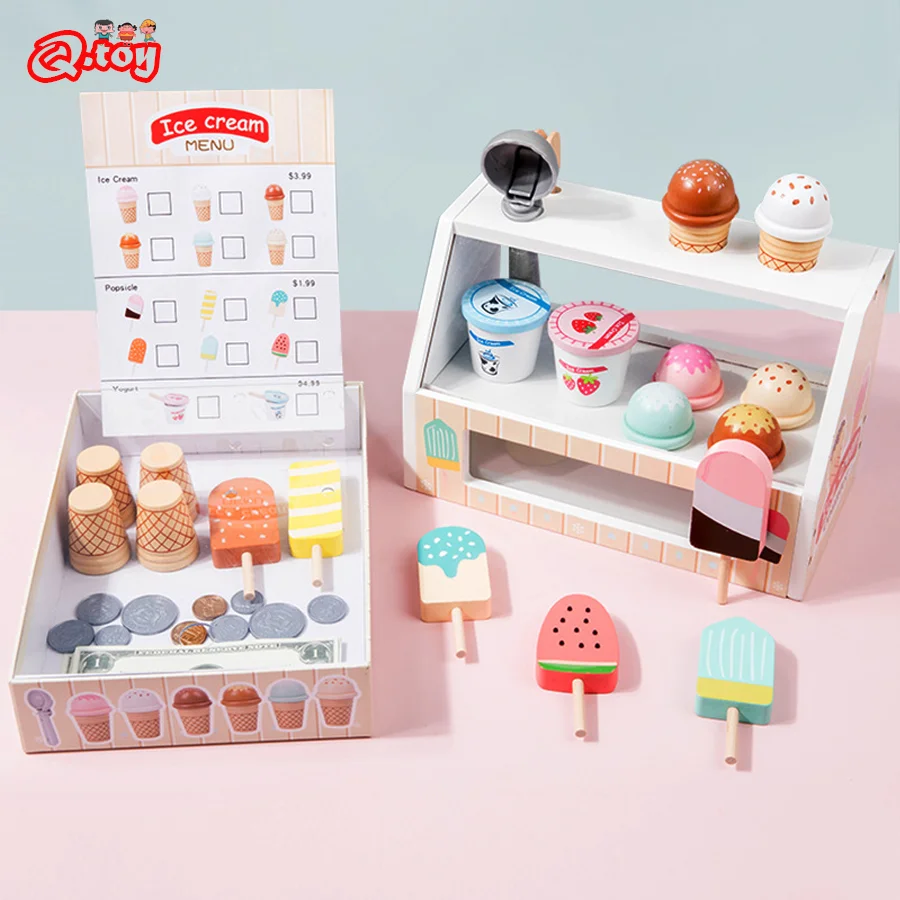 Simulation Ice Cream Tray Set Children Pretend Play Shopping Wooden Ice-cream Cone Kitchen Food Toys for Kids Educational Gifts