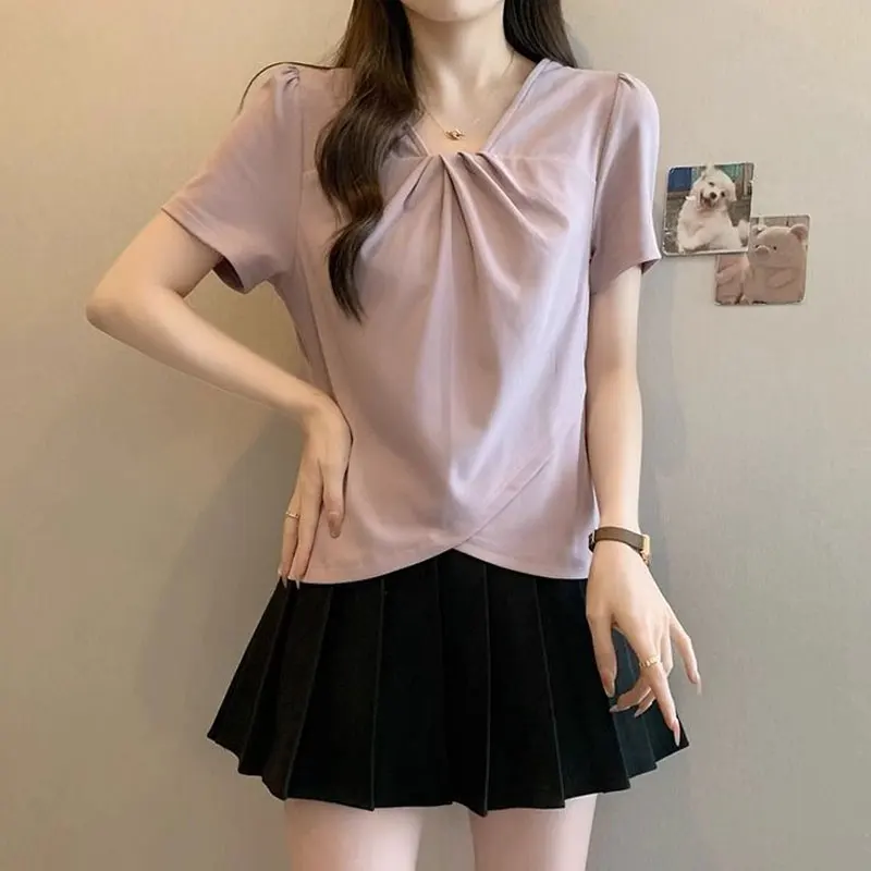 Fashion Folds Patchwork T-shirts Female Clothing French Style Irregular Short Sleeve Summer V-Neck Solid Color Short Pullovers