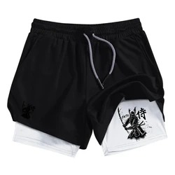 Samurai Print 2 in 1 Performance Shorts for Men Athletic Quick Dry Shorts with Phone Pocket Summer Gym Workout Running Shorts