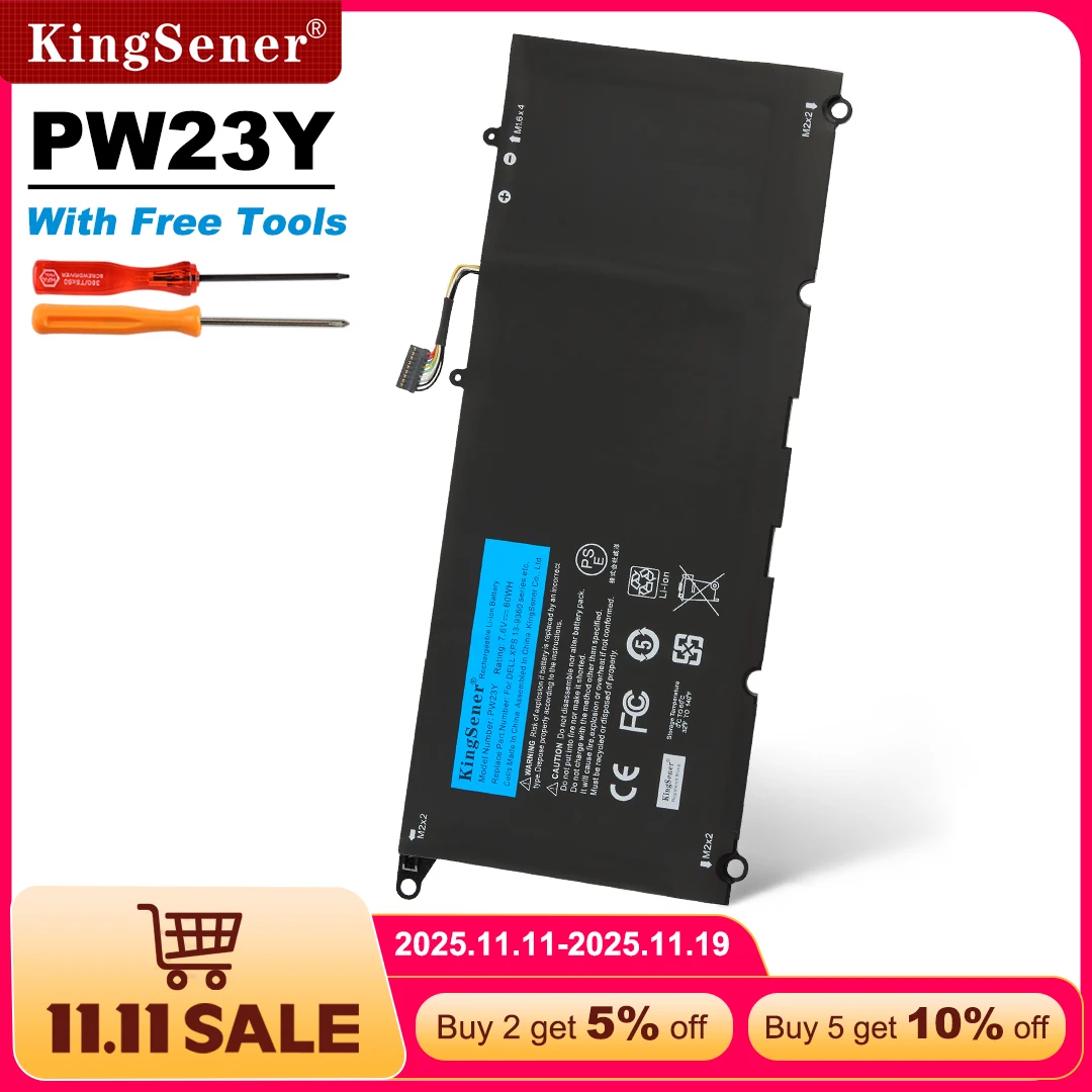 

KingSener PW23Y Сменный аккумулятор для ноутбука DELL XPS 13 9360 серии RNP72 TP1GT P54G 7,6 В 60 Втч Бесплатные инструменты