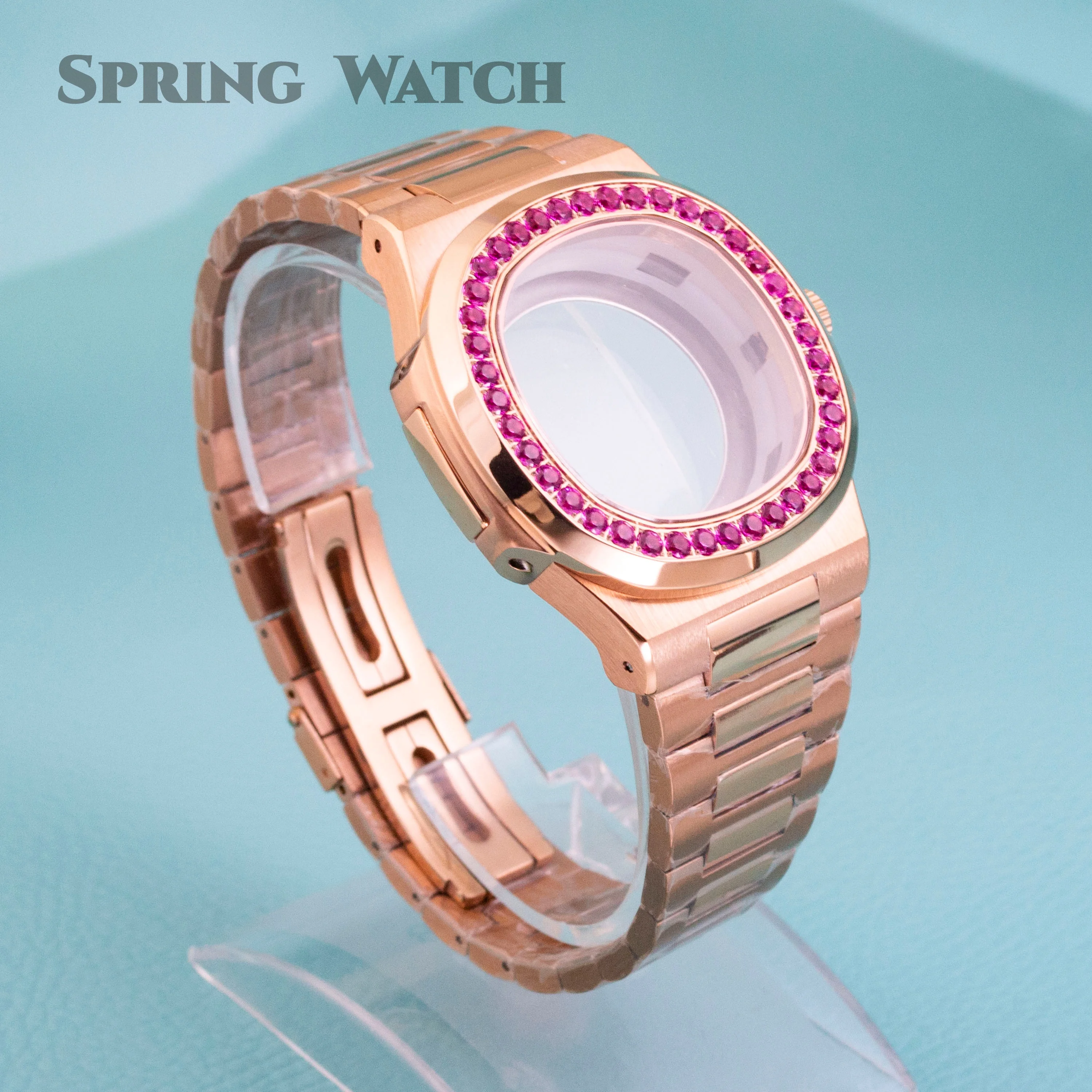 Red Diamonds Watch Case Sapphire Glass Stainless Steel Watch Case Strap for Nautilus Rose Watch Case fit NH35 NH36 NH38 Movement
