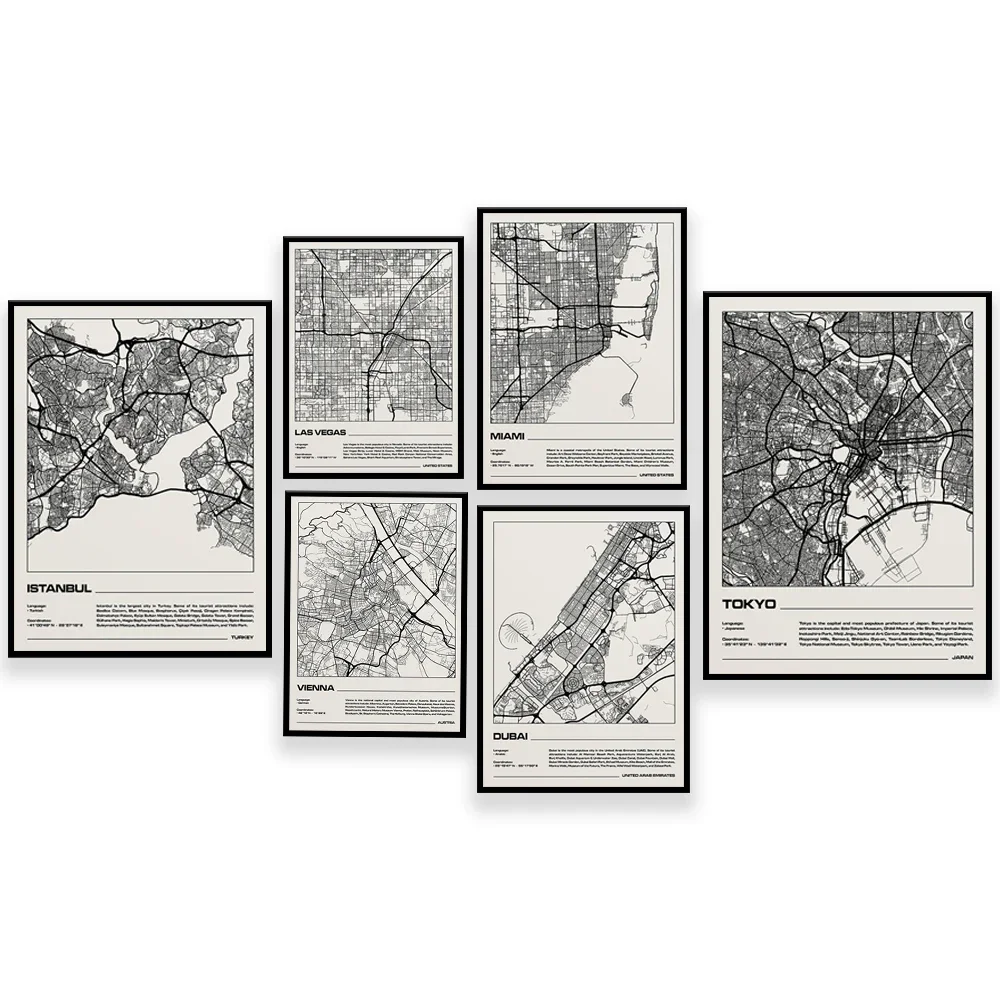 Rome, Taipei, Miami, Dubai, Shanghai, Prague, Las Vegas, Tokyo, Vienna Austria, Shenzhen China, Istanbul Turkey City Map Poster