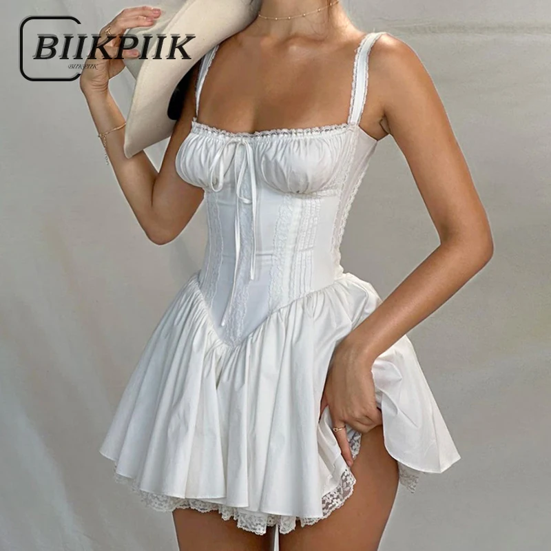 BIIKPIIK Elegant Lace Patchwork Bandage Lady Dress Vacation Party Solid Slim Fit A-line Dresses Fairycore Casual Summer Outfits