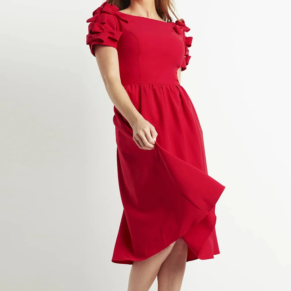 فساتين سهرة مخصصة على شكل حرف A بطول الشاي ورقبة قارب وأكمام قصيرة فستان حفلات أنيق بفيونكة بسيطة ثنيات كاجوال للحفلات #2