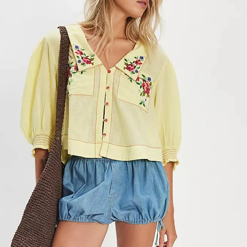 المرأة Y2k زر حتى المطرزة الأزهار بلوزة المحاصيل القمم لطيف نفخة Smocked كم الخروج بلايز الصيف شير الكتان