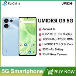 UMIDIGI G9 5G 스마트폰, 고속 충전 50MP 후면 카메라, 옥타 코어, 안드로이드 14 핸드폰, 6GB, 128GB, 6.75 인치, 90Hz HD + 5000mAh, 18W