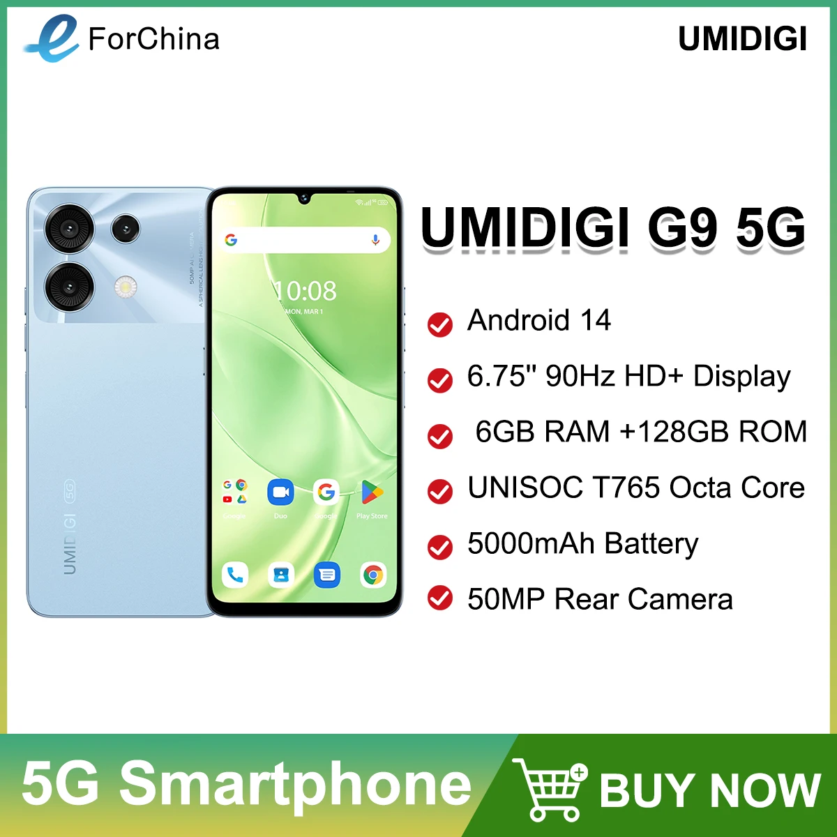 UMIDIGI G9 5G Smartphone 6GB 128GB 6.75” 90Hz HD+ 5000mAh 18W Fast Charging 50MP Rear Camera Octa Core Android 14 Cellphone