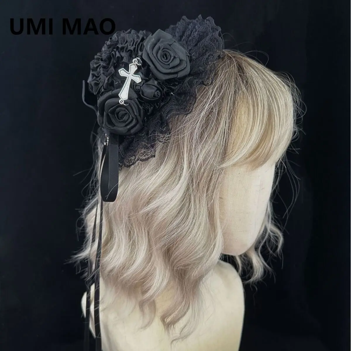 UMI MAO Gothic Lolita Black Women Lace Cross Hat Hairpin Subculture Headwear Cosplay Prop Femme Accessories  Y2K