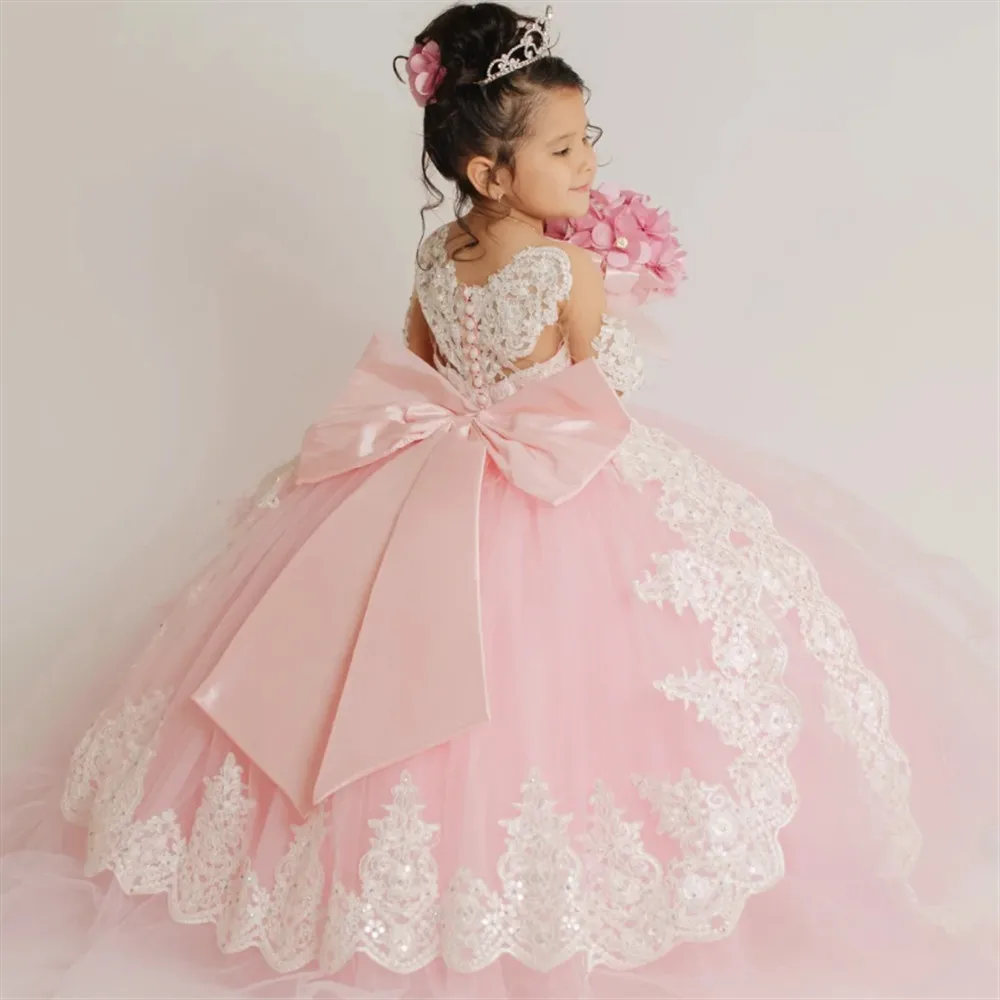 Robe de mariée à fleurs roses pour filles, manches longues, avec des Appliques en dentelle avec nœud, robe de fête d'anniversaire pour enfants, robe de bal, de Banquet, de Communion
