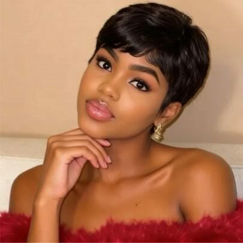 Парик Pixie Cut из натуральных волос, прямой, полностью машинной работы, короткий, натурального цвета, для женщин, с боковым пробором, плотность 200%