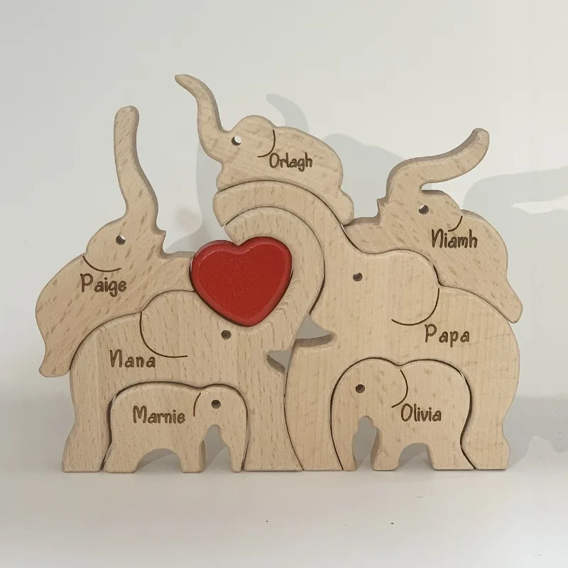 Personalized Elephant Family Wooden Puzzle Love Animal Wood Custom Name Sculpture Free Engraving Decor Gifts