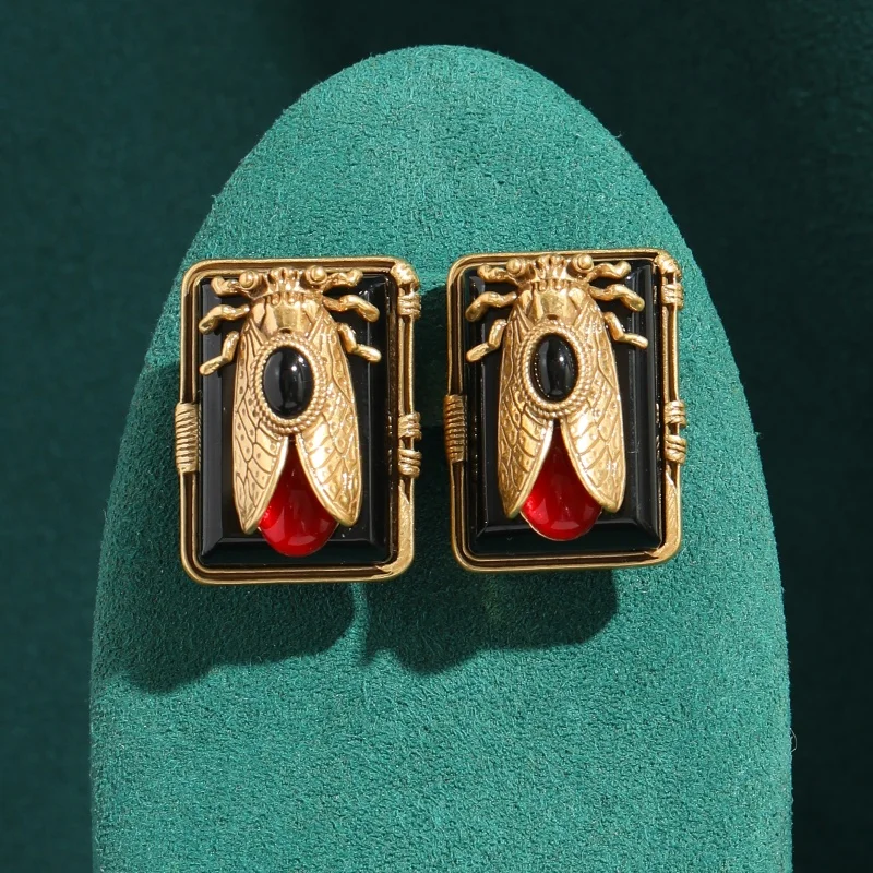 

Vintage Colorful Agate Cicada Horse Rabbit Animal Earrings Antique Jewelry Gold Plated Trendy Art Deco Quality Gift For Woman