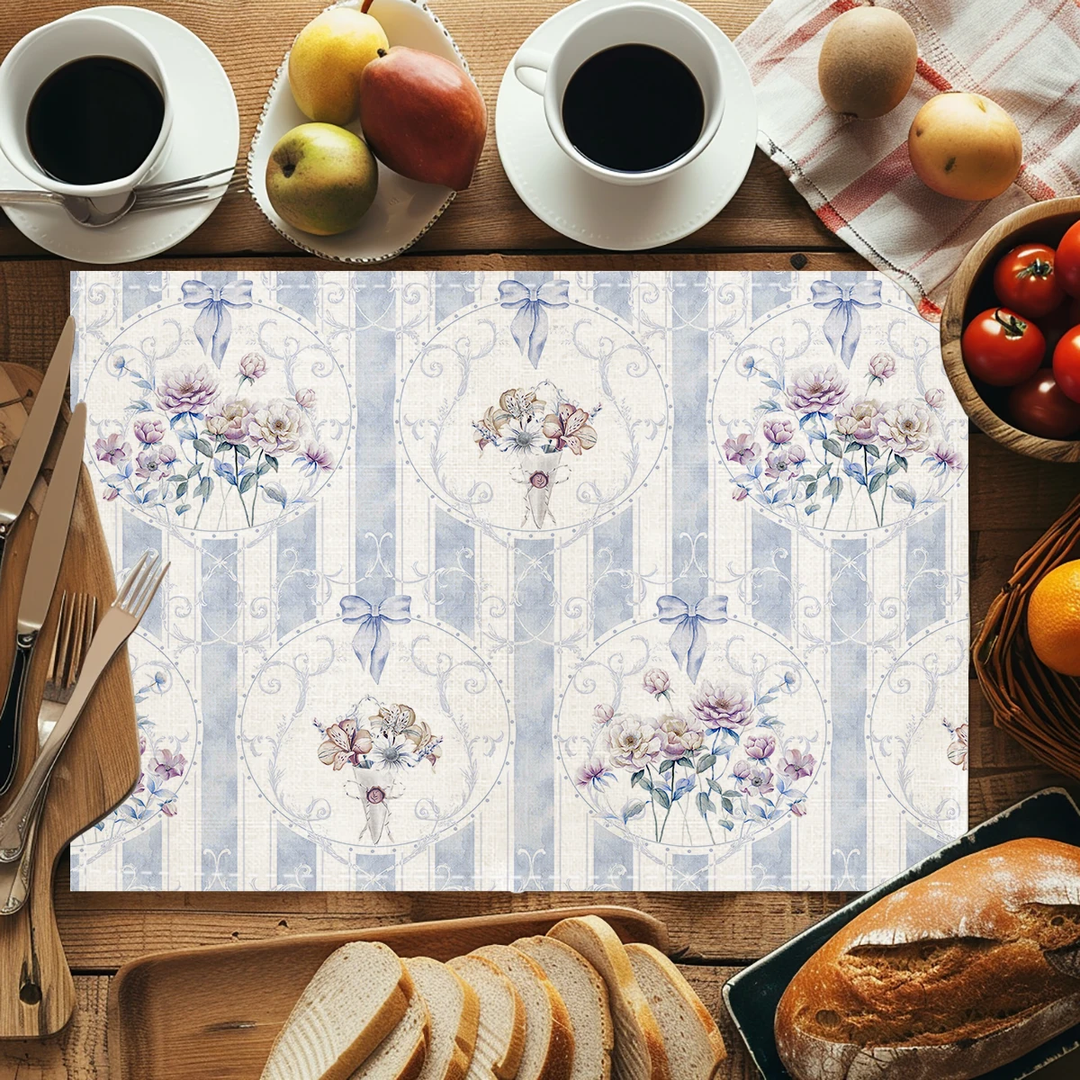 Vintage Floral Frame Pattern Polyester Placemats & Coasters - Decorative Table Linens for Home Dining, Kitchen & Restaurant Use