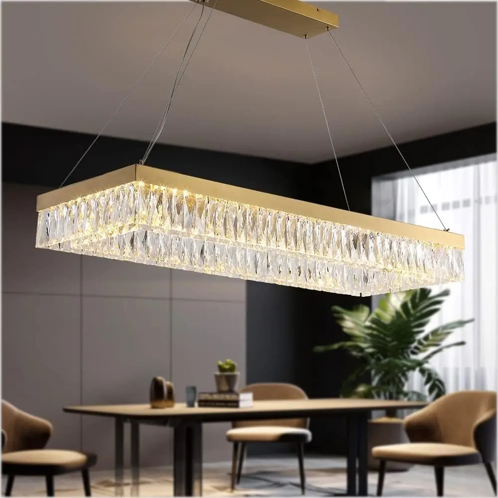 

Meerosee Modern Gold Luxury Crystal Chandelier Light Chrome L39/L47 Inch Contemporary Pendant Lamp for ‎Kitchen Living Room