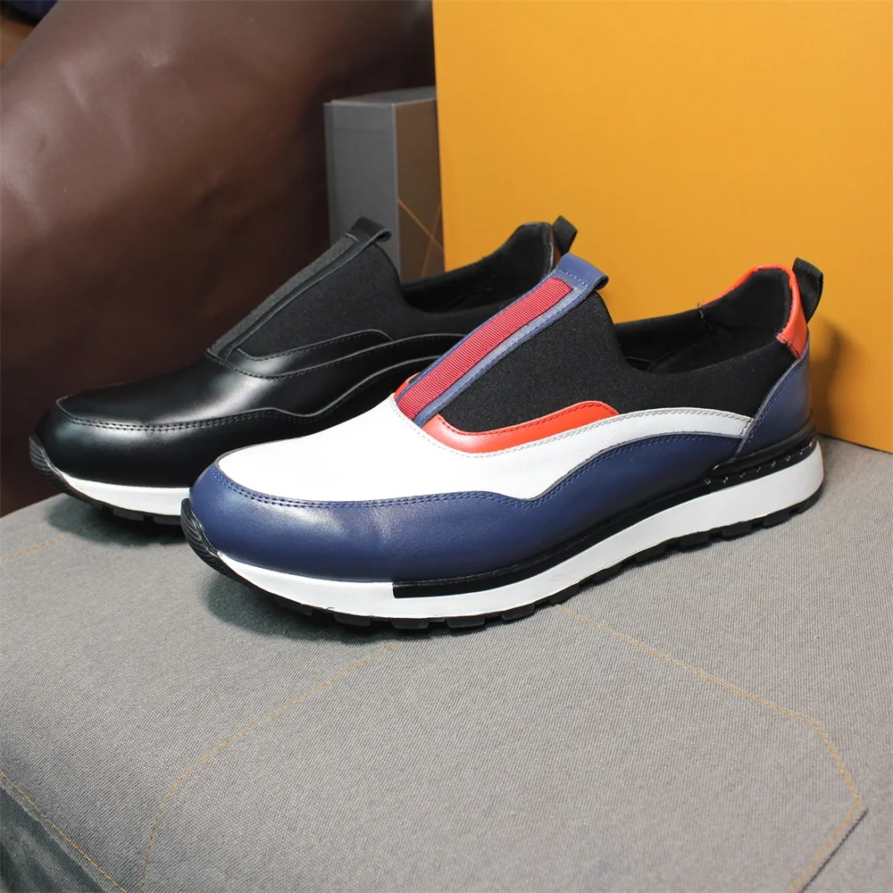 Classic Genuine Leather Men's Casual Shoes, Stylish and Comfortable Slip-on Mixed Color Loafers Suitable for Dating Parties