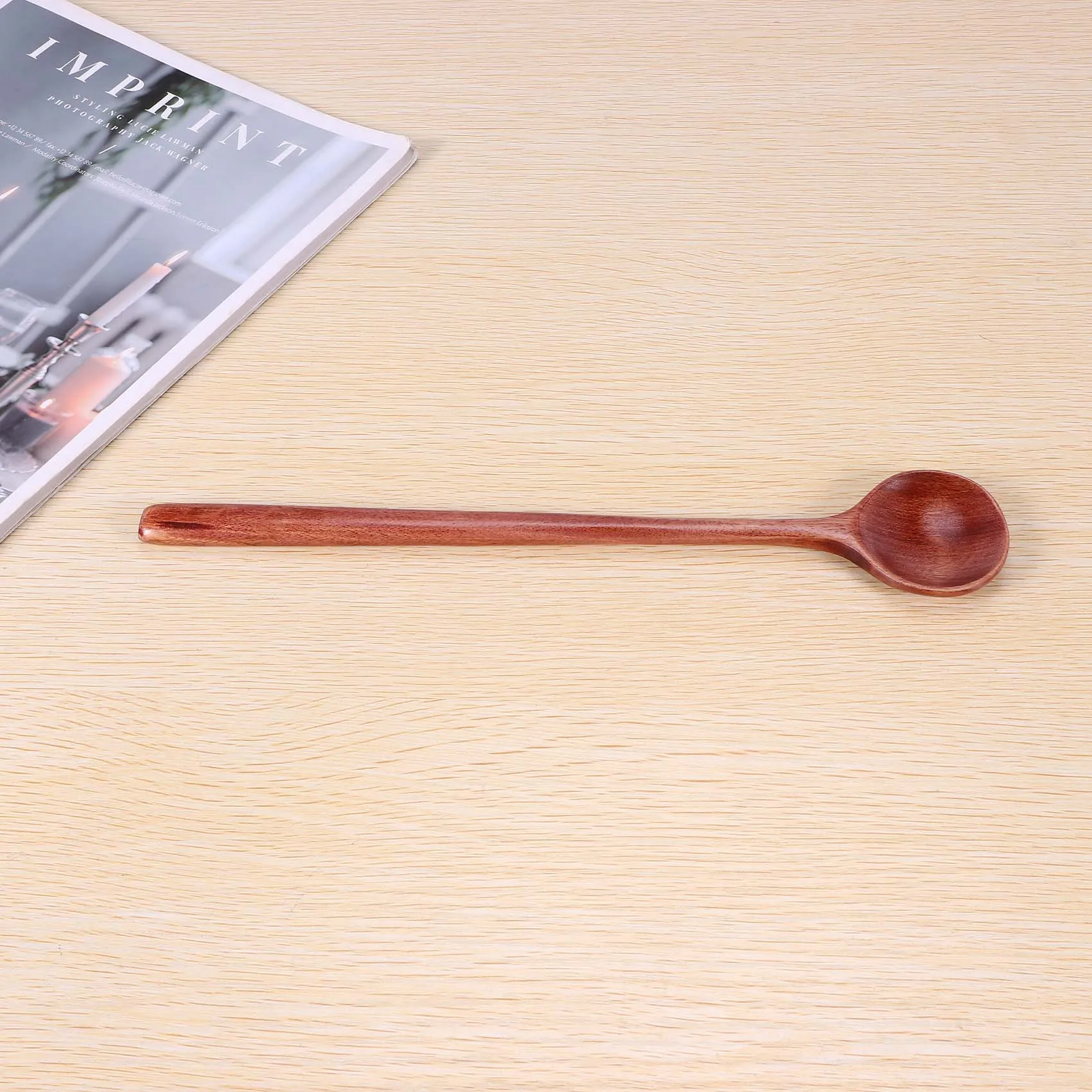 ABHU Long Spoons Wooden, 5 Pieces Korean Style 10.9 Inches 100% Natural Wood Long Handle Round Spoons For Soup Cooking Mixing St