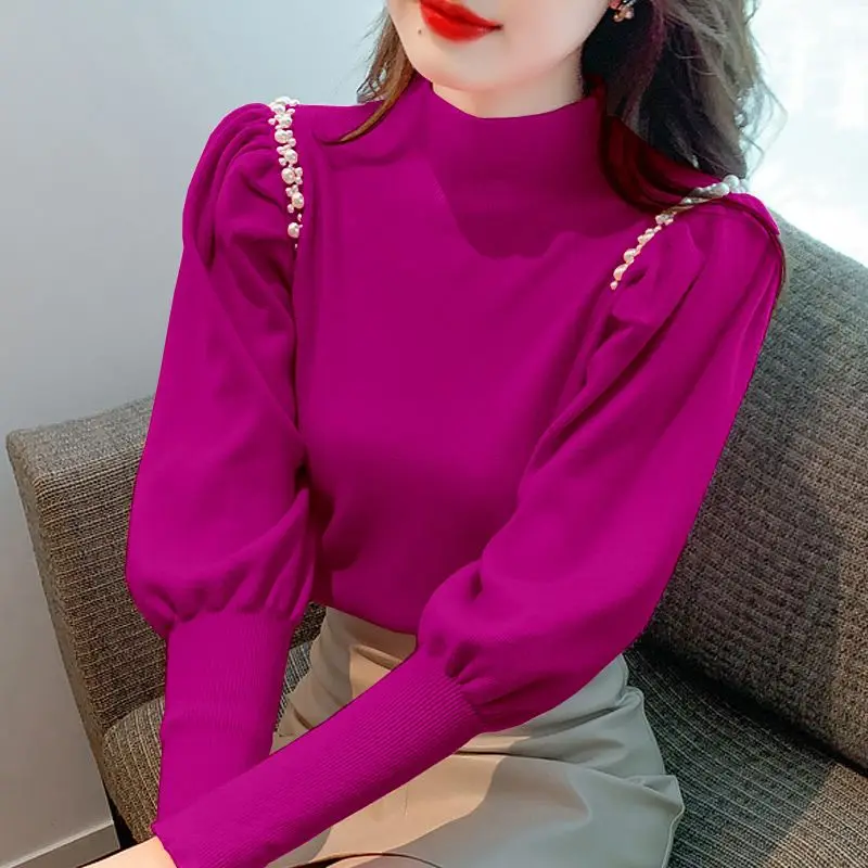 Elegant Half High Collar Knitted Tops Women\'s Clothing Autumn Winter Fashion Beading Spliced Solid Color Sweaters for Female