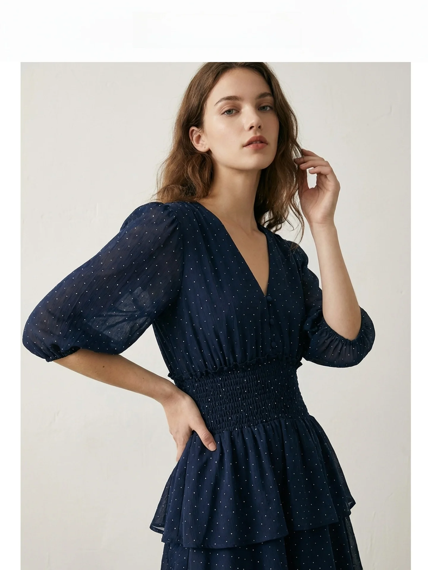 

ay Series Retro Rhinestone Lantern Sve Dr Women's High Waist Slimming V-ne Lace Trim Cake Skirt Polyester Fiber