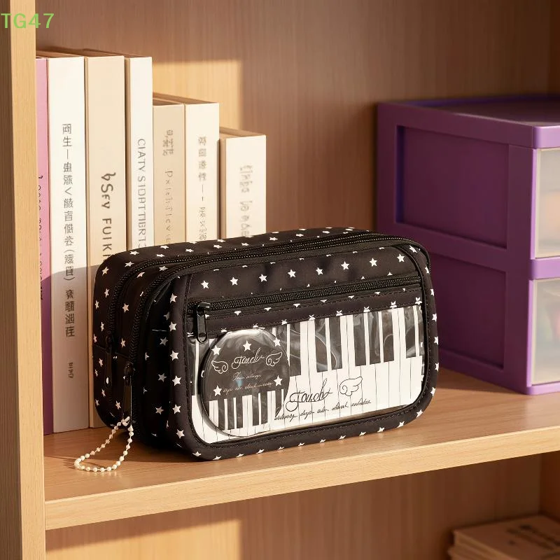 【LS】Kawaii Star Piano Keyboard Print Pencil Case Large Capacity With Clear Window Pen Bag Multi-Layer Stationery Pouch Students