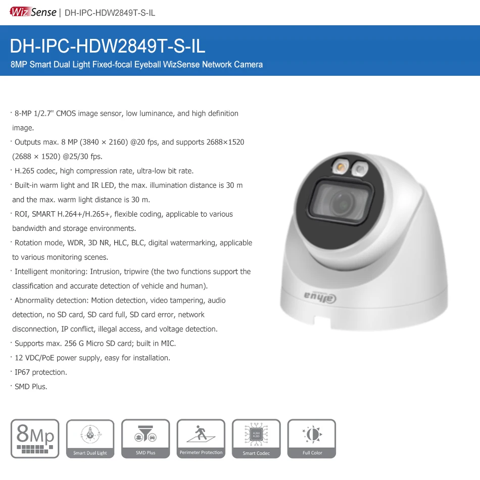 Dahua IP Camera 8MPIPC-HDW2849T-S-IL Smart Dual Light WizSense Network POE Camera Full Color IR LED built in MIC SD Card Slot